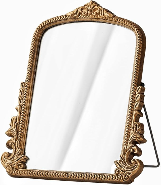 TenFuju Small Gold Vintage Vanity Mirror, Antique Gold Wooden Framed Standing Tabletop Mirror, Tr... | Amazon (US)