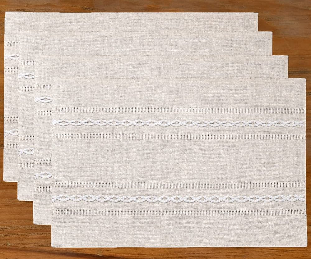 Wracra Cotton Linen Placemats, 14 x 19 Inch Set of 4 Fete Placemats Rustic Hemstitch Place Mats f... | Amazon (US)