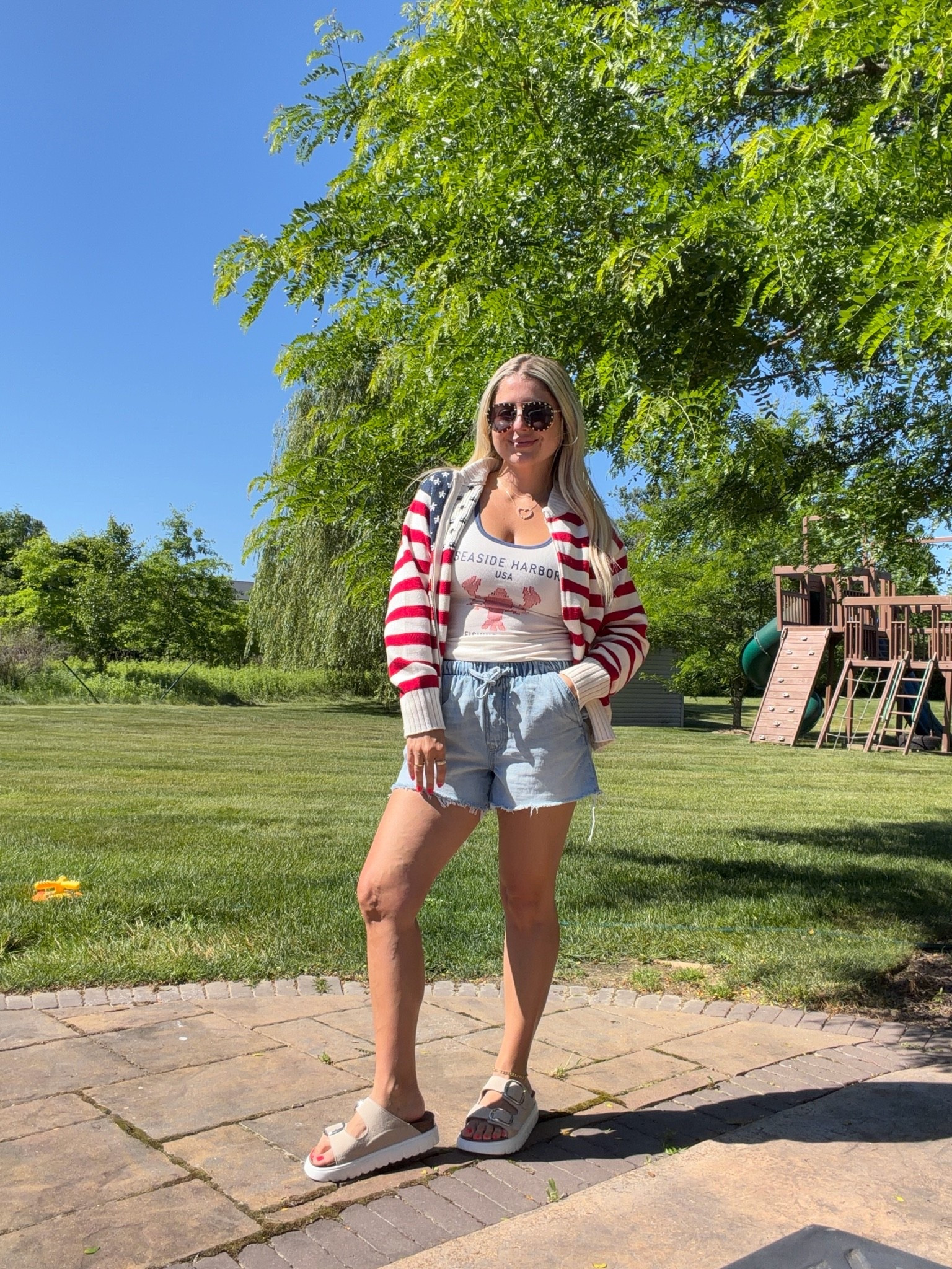 Summer outfit
M flag cardigan 
Xs tank
Small denim shorts 
Sandals tts
4th of July

#LTKootd