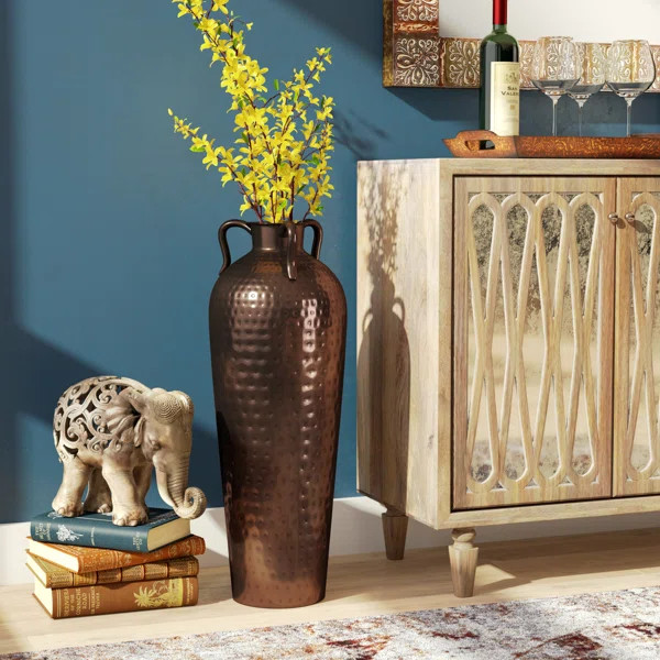 Russia Brown Metal Tall Floor Mediterranean Style Vase with Hammered Details and Handles | Wayfair North America