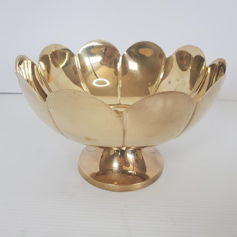 VTG Solid Brass Pedestal Bowl Handmade in India Scalloped Edge Footed Centerpiece Fruit Bowl Wedd... | Etsy (US)