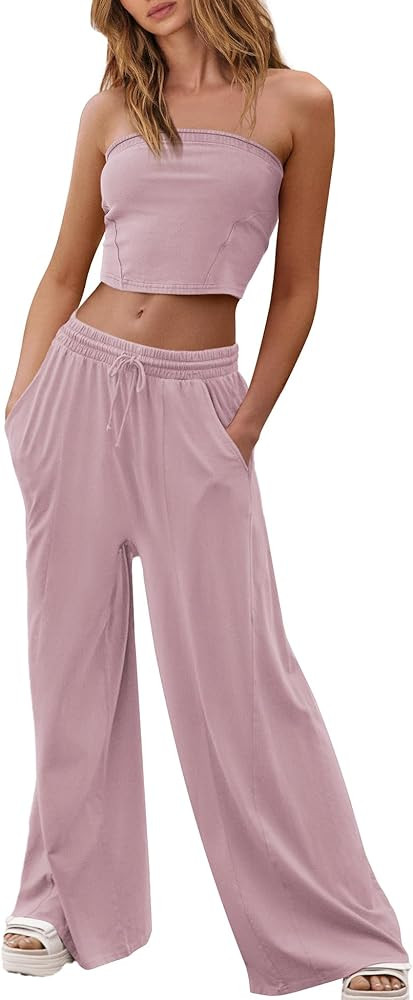 Yanekop Womens 2 Piece Lounge Set Tube Top and Pants Set Travel Sexy Two Piece Outfits Summer Bea... | Amazon (US)