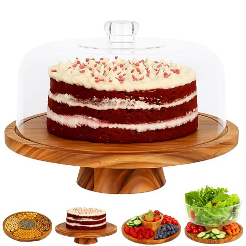 JOEY'Z 6 in 1 Large Acacia Wood Cake Stand with Lid - Multiuse Wooden Cake Stand with Dome Acrylic Cake Cover/Cake Dome - Cake Holder With Lid - Cake Stands | Amazon (US)