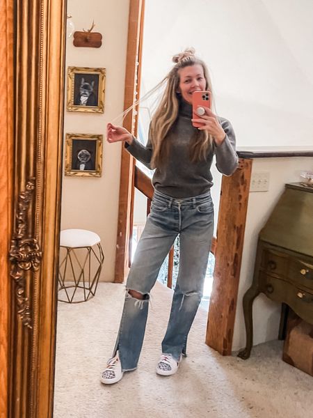 Casual vintage Levi’s jeans from the ‘90s with split hem and a cozy gray turtleneck sweater and sneakers… added an army bomber jacket and oversized mirrored sunglasses to head out! 

#LTKfindsunder100 #LTKSeasonal #LTKstyletip