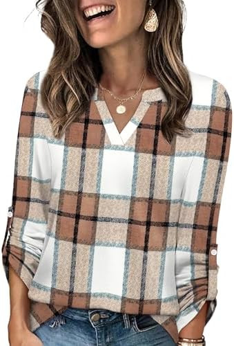 WIHOLL Womens Casual V Neck Rolled Long Sleeve Work Tops Blouses Shirts Fall Outfits | Amazon (US)