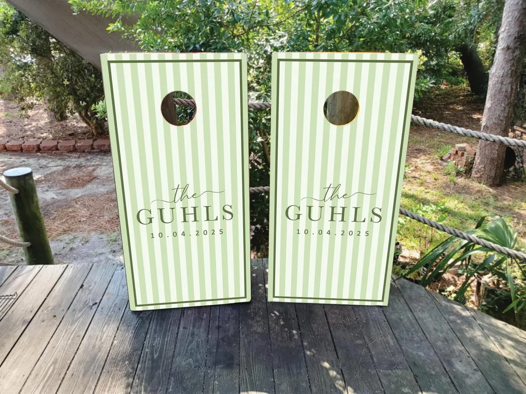 WATERPROOF & NON-FADING Custom Wedding Cornhole Wraps / Sage Green and White Striped Wedding Corn... | Etsy (US)