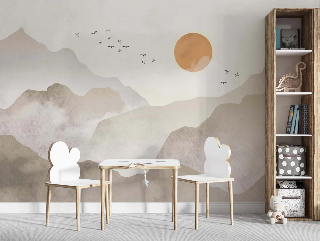 Mountain Kids Wallpaper- Watercolor Nursery Wall Art- Removable- Peel and Stick-Wall Mural- Custo... | Etsy (US)