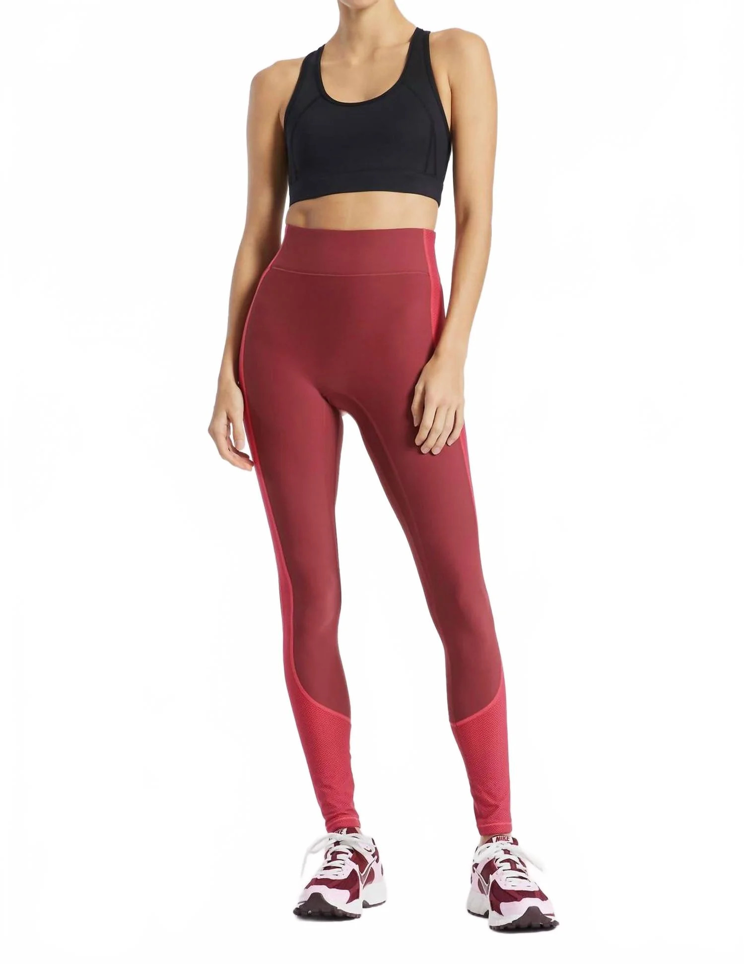Center Stage Color Block Pro Fleece Leggings In Cordovan/pink Herringbone | Shop Simon