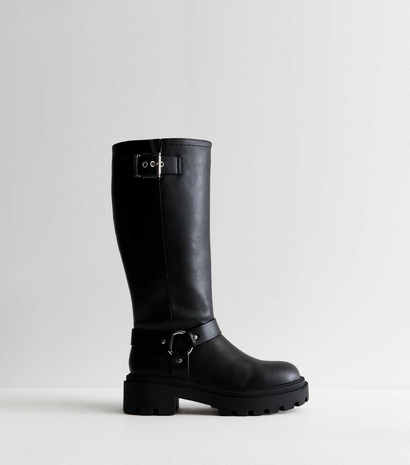 Black Leather-Look Buckled Knee-High Biker Boots
						
						Add to Saved Items
						Remove fro... | New Look (UK)