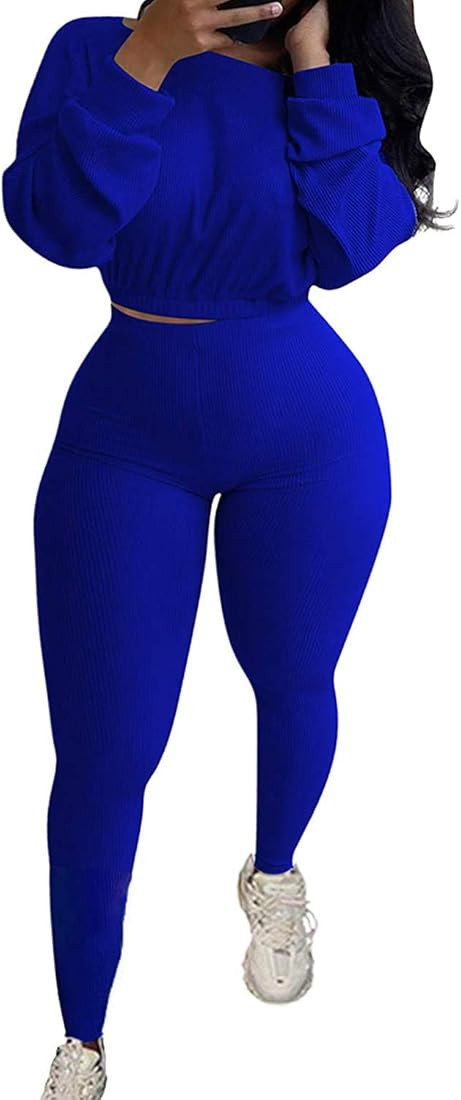 Women Fall Ribbed 2 Piece Outfits Long Sleeve Pullover Crop Tops Bodycon Long Pants Set Sweatsuit... | Amazon (US)