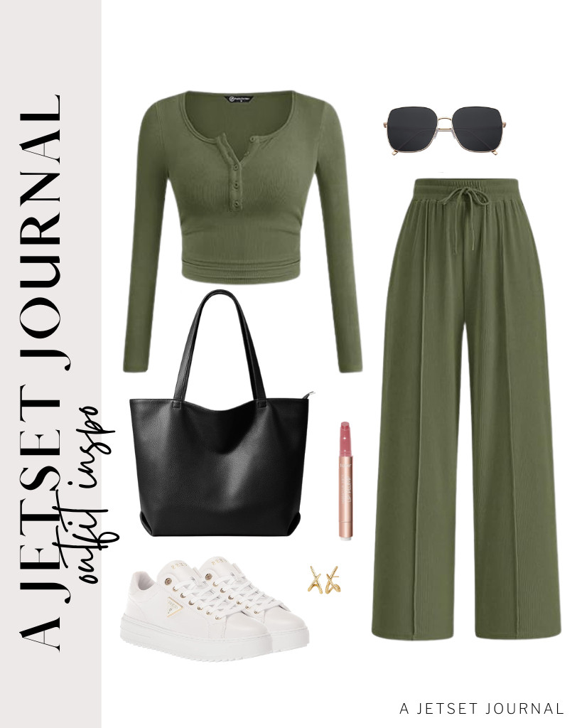 I've always wanted this green lounge set and white sneakers from Guess. It looks nicer with SOJOS sunnies and a leather tote bag. 

 #LTKSeasonal #LTKSaleAlert #LTKTravel