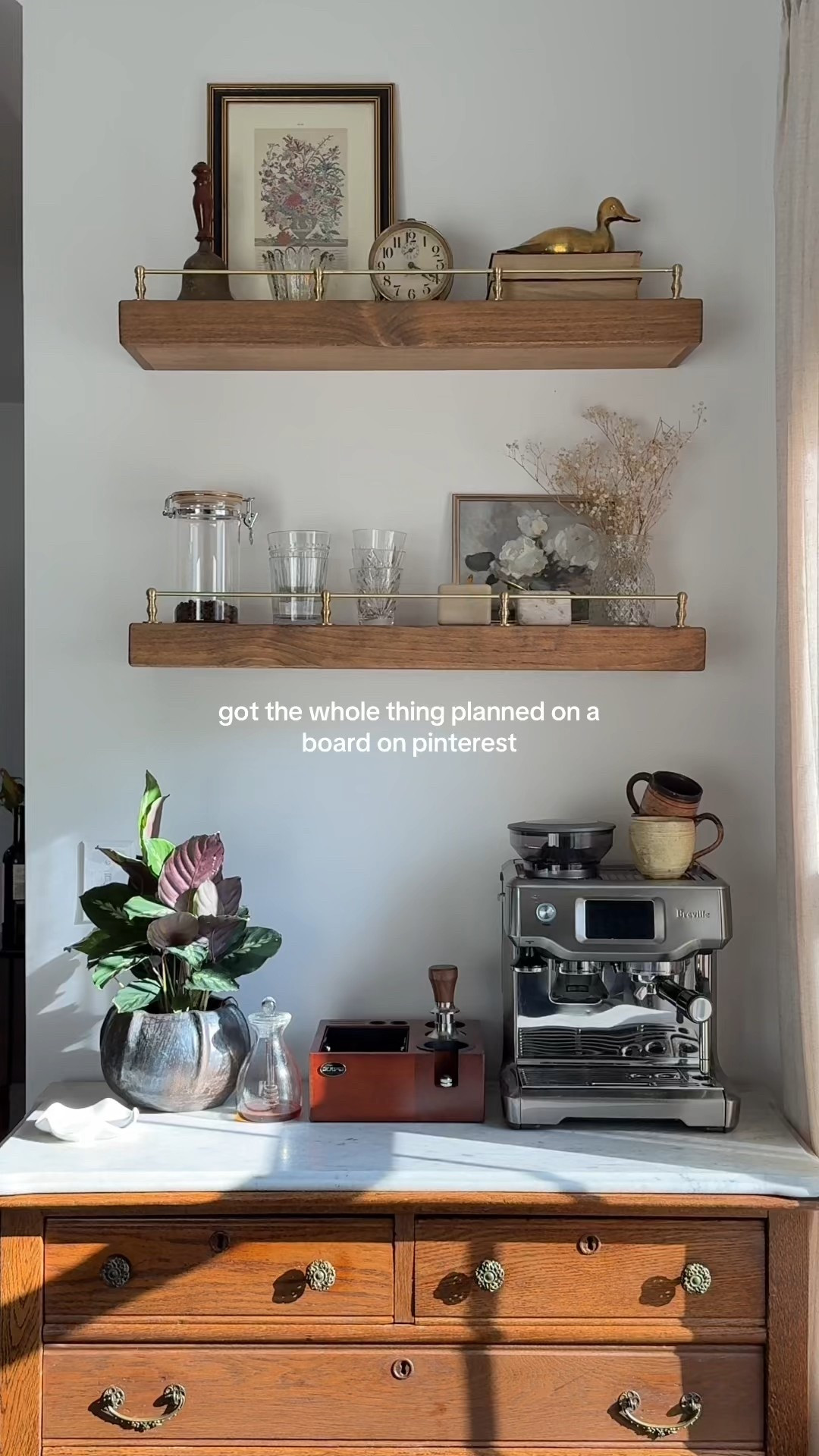 6/28/25 coffee corner shelf styling 🫶🏼 coffee shelf styling ideas, antique decor kitchen, thrifted shelf styling, cozy neutral coffee corner, custom wood kitchen shelves, shelfie inspiration, vintage shelf decor, aesthetic kitchen shelves, small coffee bar decor, warm home details, rustic shelf styling

