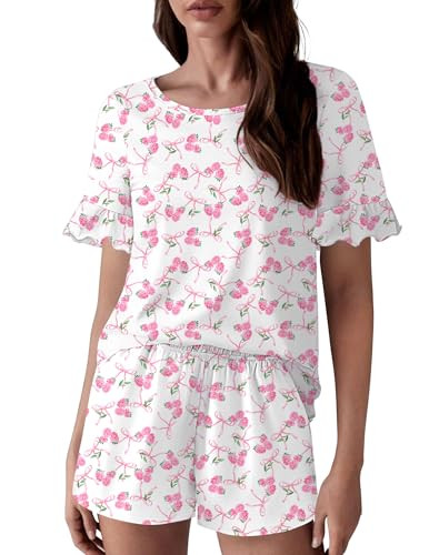 Ekouaer Womens 100% Cotton Pajamas Set Ruffle Sleeves Top and Short Soft Sleepwear 2 Piece Lounge... | Amazon (US)