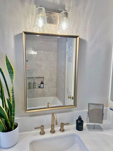 Bathroom vanity mirror set the style for your bathroom with a designer look mirror. Previously posted this one and it is sold out but similar options linked. Other finishes, as well (black, silver, bronze). For your bathroom remodel  

#LTKstyletip #LTKfamily #LTKhome