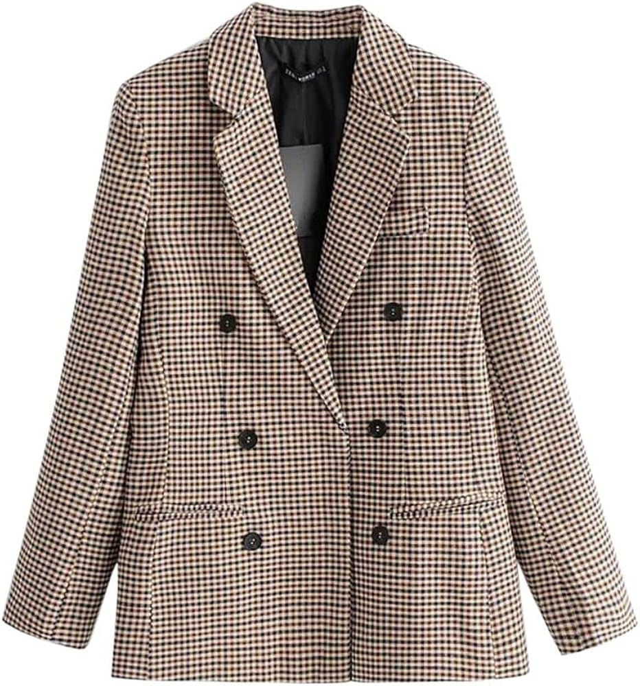 Fashion Women Plaid Blazer Coat Retro Stripe Print Button Shoulder Pads Suit Coats Sunmoot (Large... | Amazon (US)