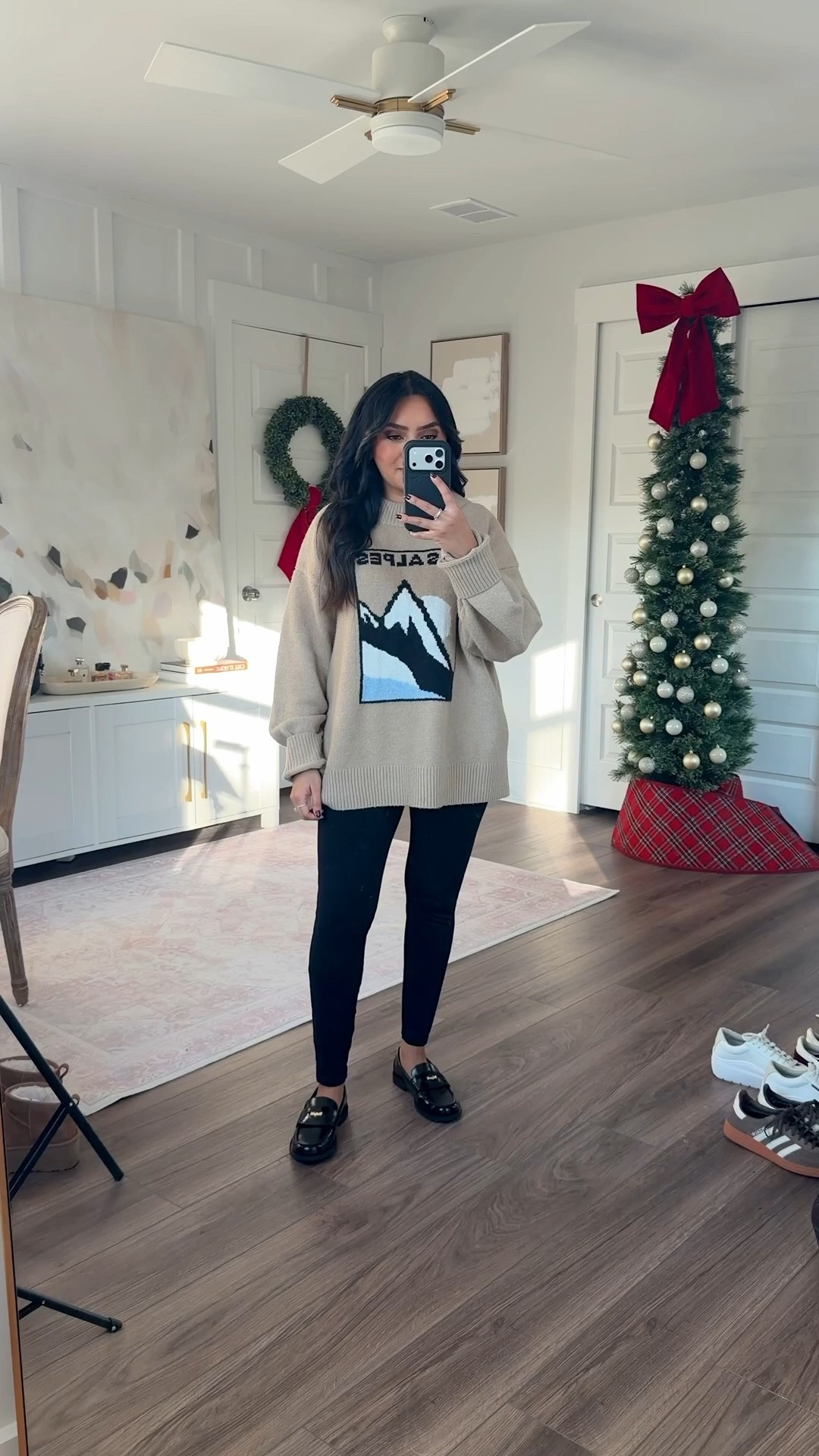 Sweater size large - sized up for an oversized fit
White tee size xs petite TTS 
Leggings size small regular - also comes in petite length
Loafers size 5 TTS 

#LTKSaleAlert #LTKPetite #LTKFindsUnder50