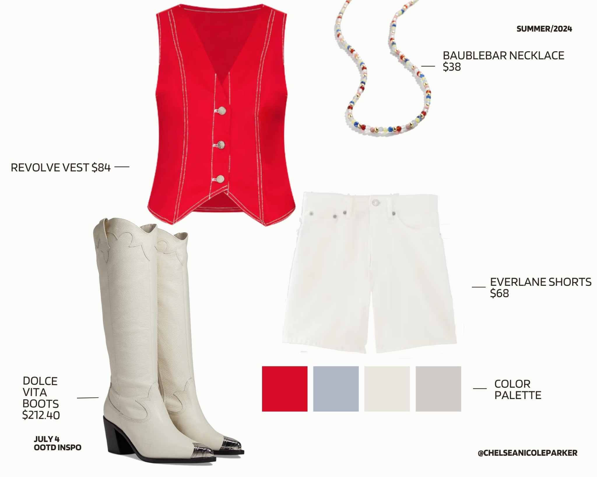 By.DYLN Revolve Red Vest Top + Everlane Baggy Mom Long White Denim Shorts + Dolce Vita Knee High White Cowboy Boots + Baublebar Red White Blue Beaded Necklace - Summer Outfit / 4th of July Outfit / July Fourth Casual / OOTD Inspo

#LTKFindsUnder100 #LTKSummerSales #LTKFindsUnder50