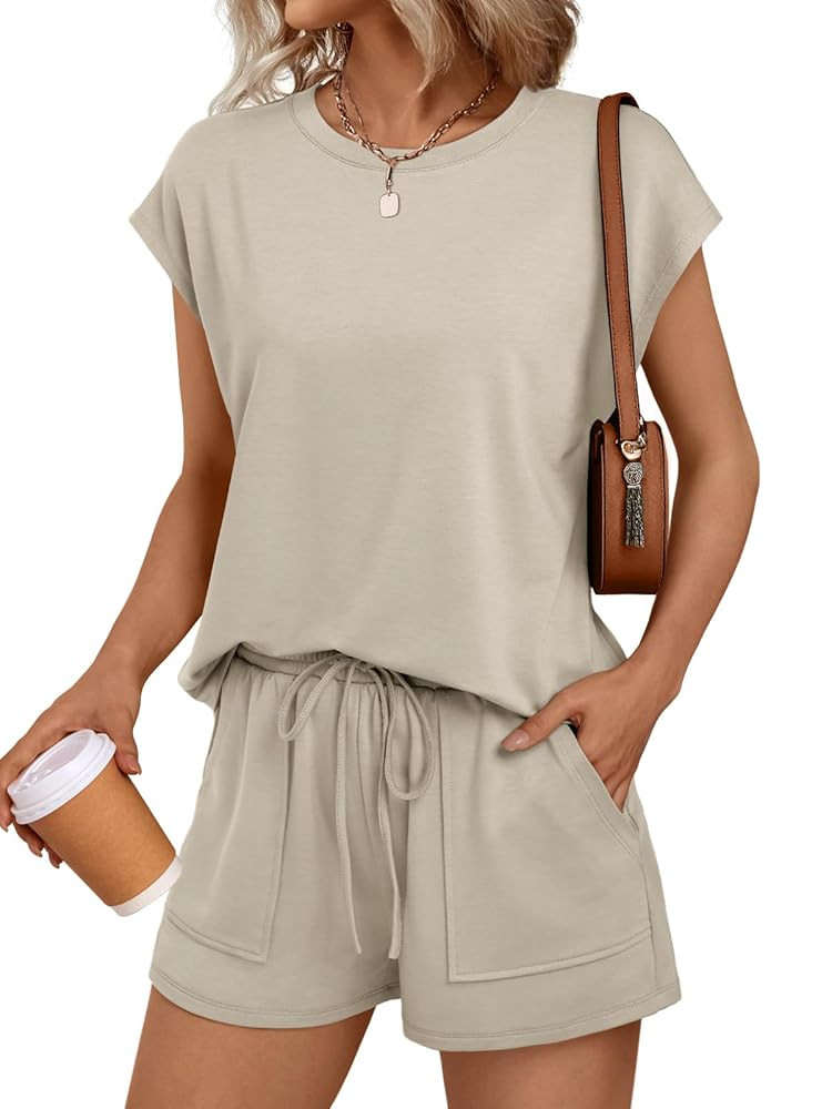 LILLUSORY Womens Crew Neck Cap Sleeve Drawstring Two Piece Summer short Sets Sweatsuit with Pocke... | Amazon (US)