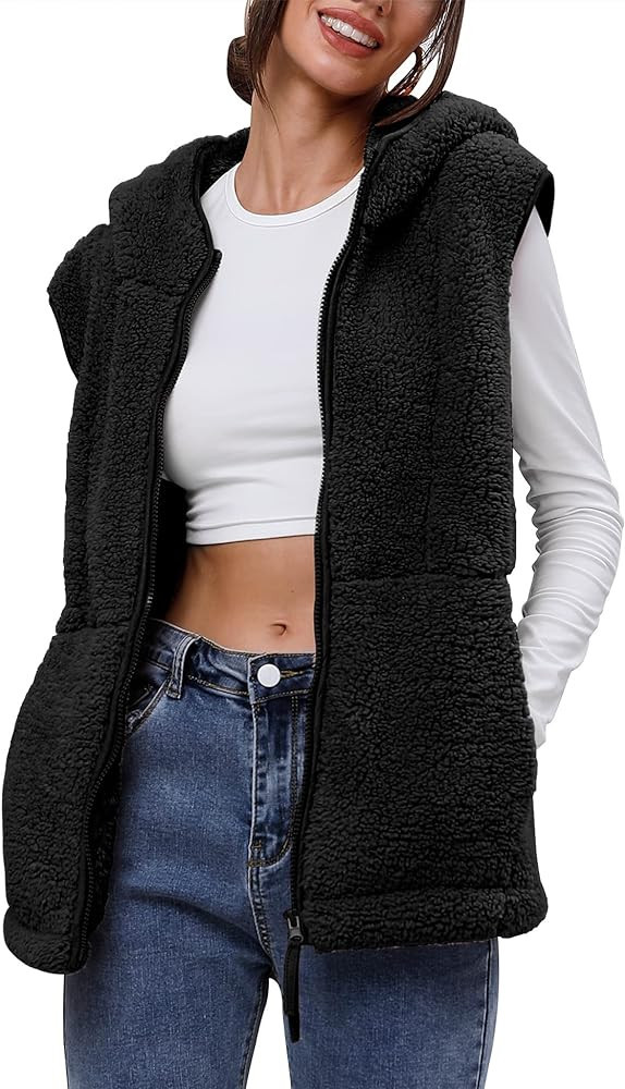TFSDOD Womens Fuzzy Sherpa Fleece Vest Cozy Sleeveless Sweater Vests with Pocket Womens Zip up Ho... | Amazon (US)