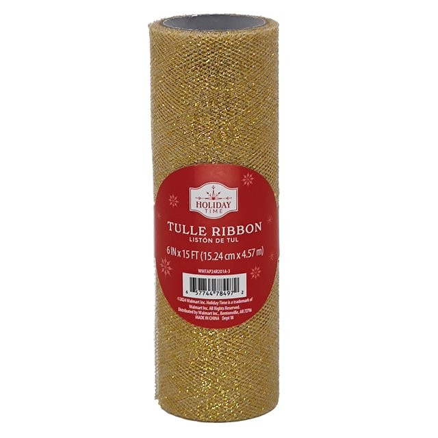 Gold Glitter Tulle Christmas Ribbon, 6 in x 9 ft, by Holiday Time - Walmart.com | Walmart (US)