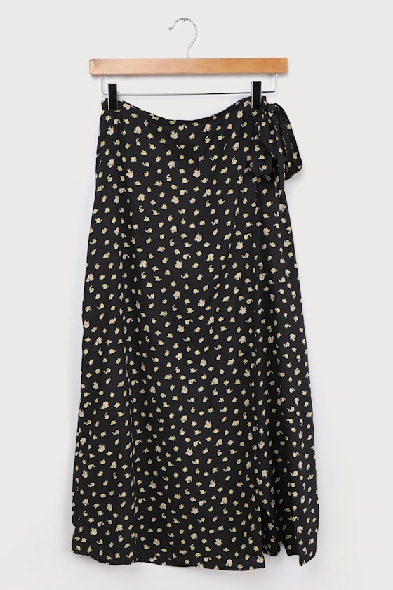 Ocean Air Black Floral Print Midi Wrap Skirt | Lulus (US)