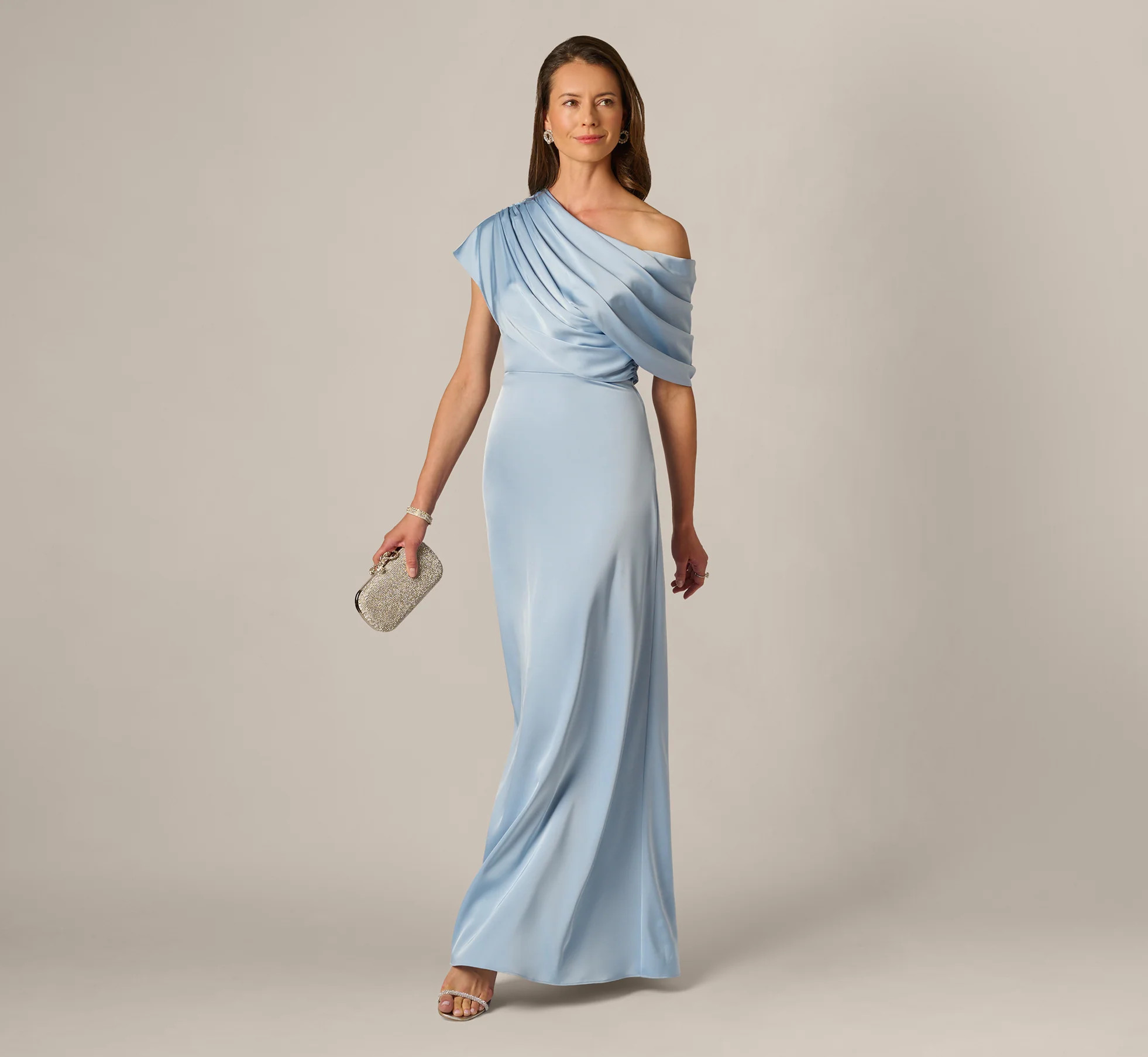 Asymmetrical Draped Neck Stretch Satin Gown In Elegant Sky | Adrianna Papell
