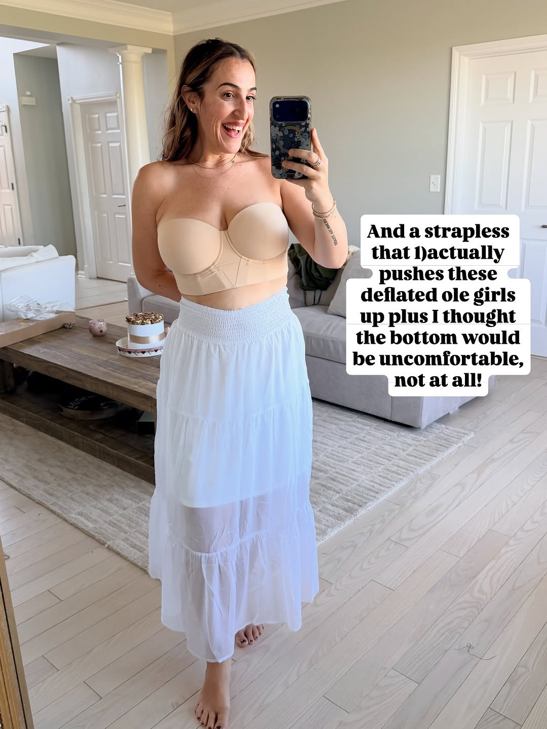 True bra size. Wearing a medium in the skirt. 

#strapless #straplessbra #bestbra #affordablestrapless #supportivestrapless 

 #LTKmomlife #LTKOver40 #LTKMidsize