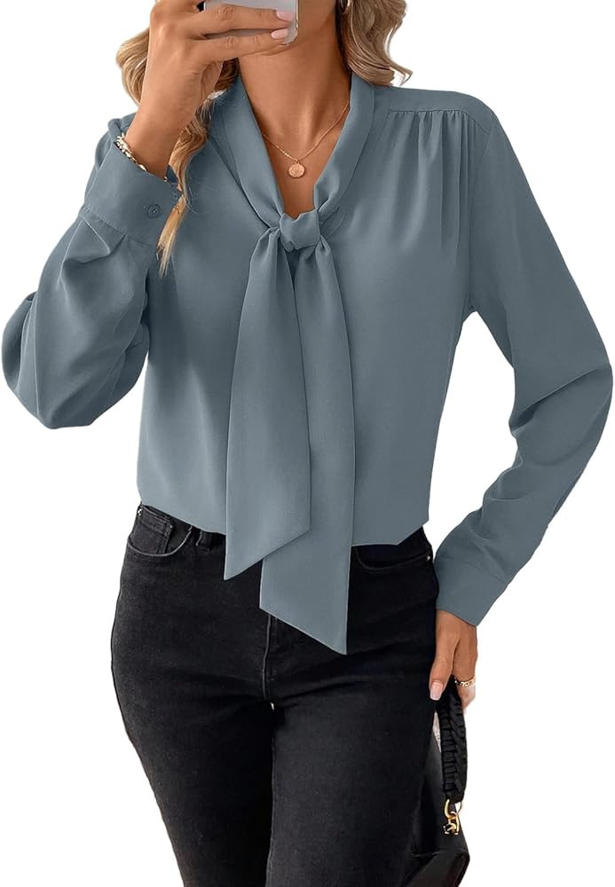 Astylish Women's Bow Tie Neck Long Sleeve Dressy Elegant Office Work Blouse Shirt Tops | Amazon (US)