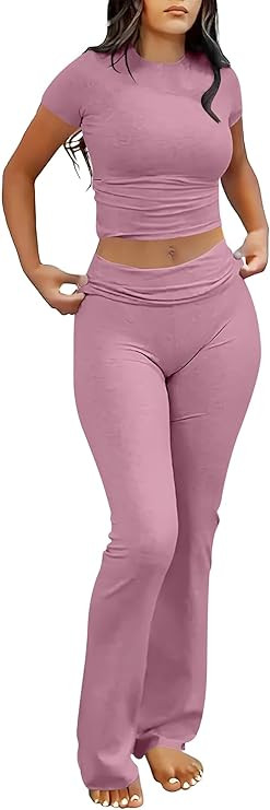 ANRABESS Lounge Sets for Women 2 Piece Foldover Yoga Flare Leggings Pants Crop Tops Casual Y2K Ou... | Amazon (US)