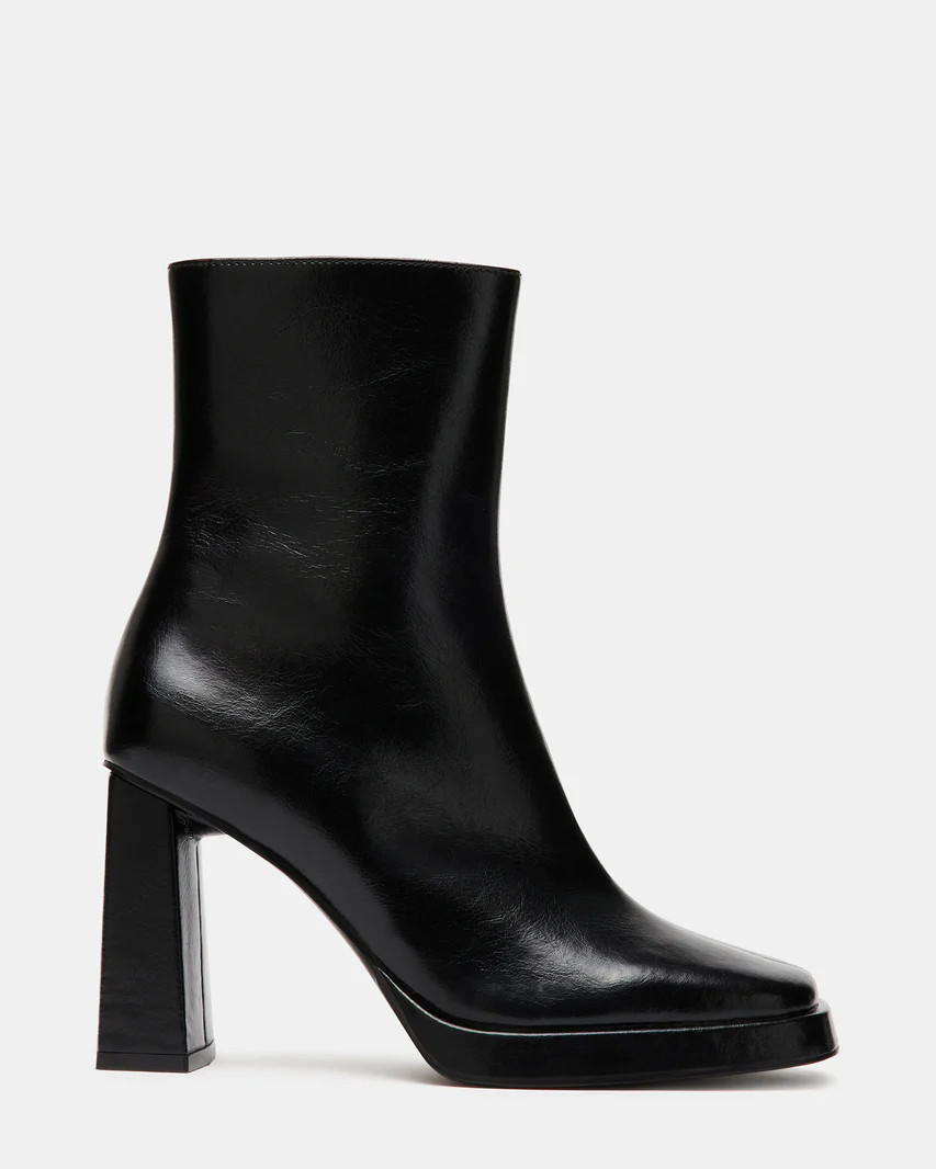 FREYA Black Leather Square Toe Ankle Bootie | Women's Booties | Steve Madden (US)