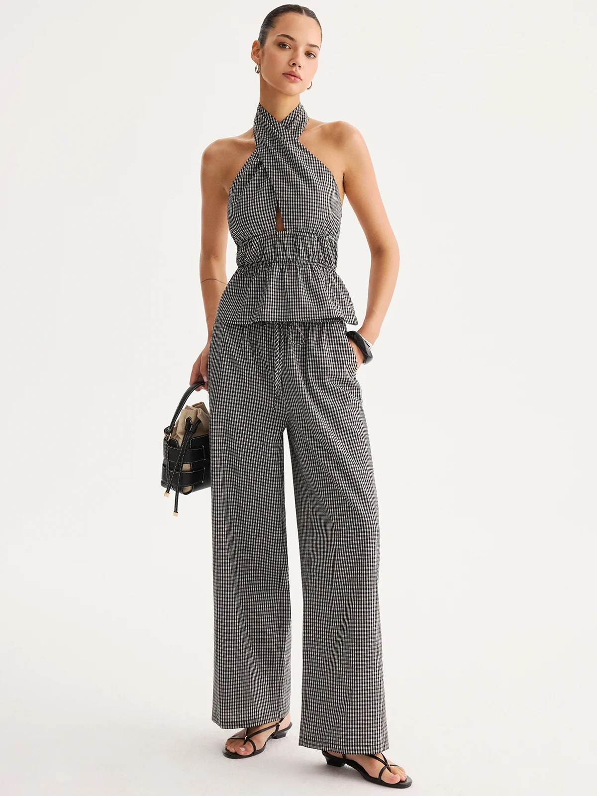 Halter Gingham Peplum Top & Pant Set | Commense