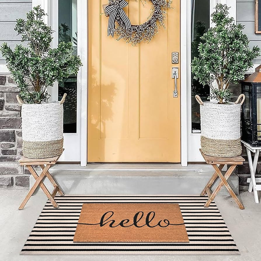Front Door Mat Combo Set, Hello 100% Coco Coir Welcome Doormat + 28" x 43" Layered Buffalo Black ... | Amazon (US)
