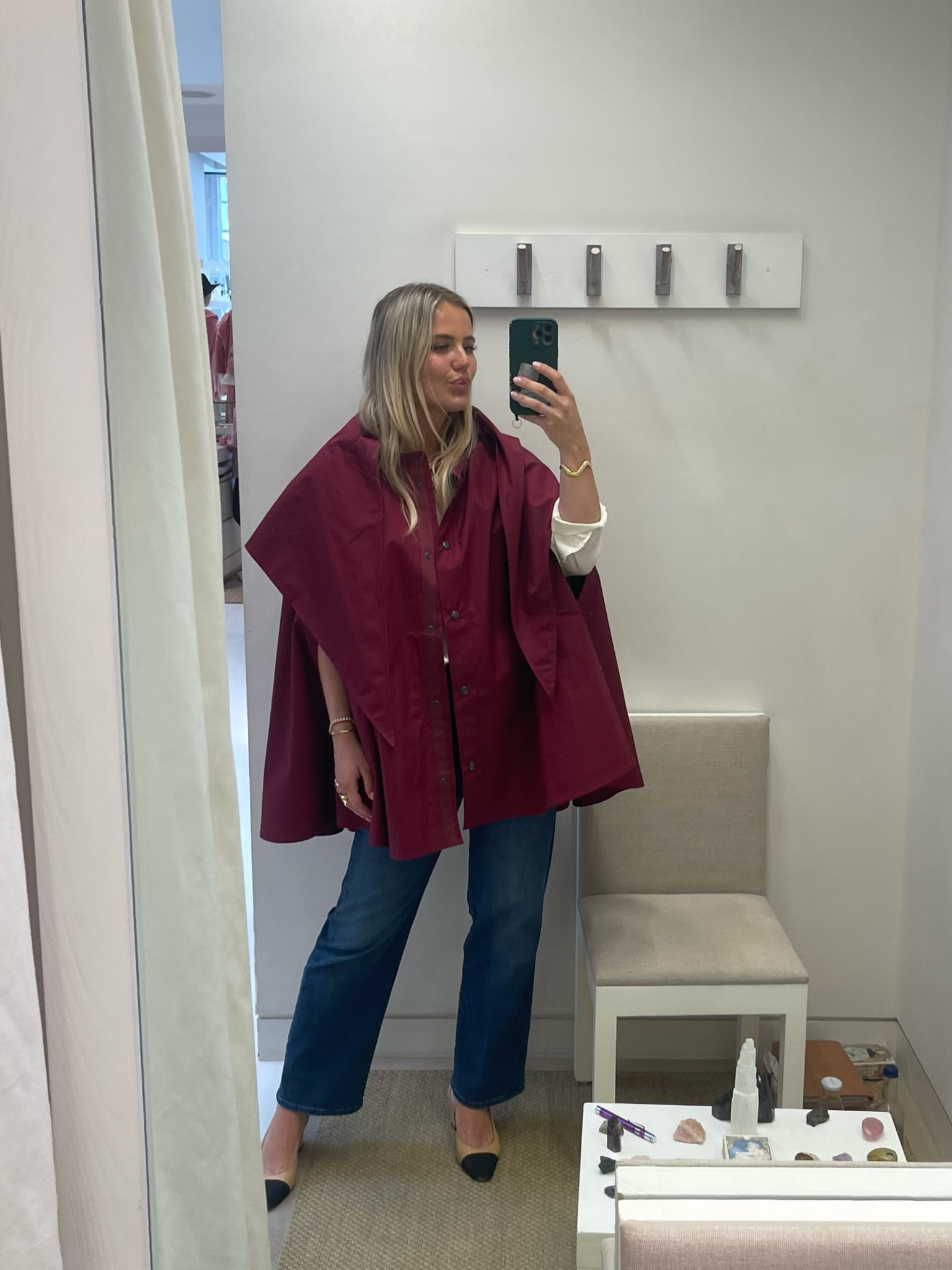 Red poncho mac, rainy day outfit, mother jeans, transitional style, autumnal outfit ideas, Chanel shoes, autumn outfit, red rain mac, flared jeans, ballet pumps, autumn style 

#LTKeurope #LTKstyletip #LTKSeasonal