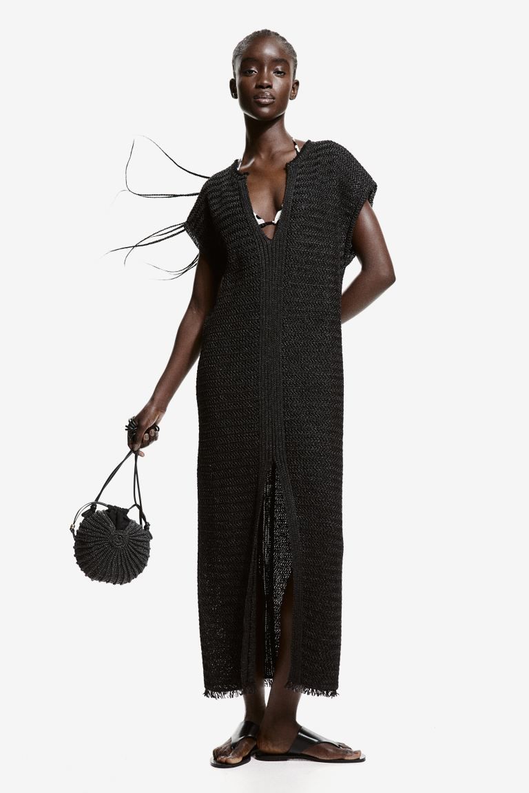 Raffia-look Kaftan Dress - V-neck - Sleeveless - Black - Ladies | H&M US | H&M (US + CA)