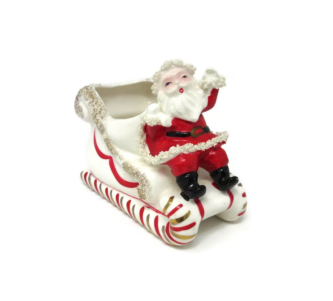 Vintage Christmas Santa Claus Planter Riding on His Sleigh - Etsy | Etsy (US)