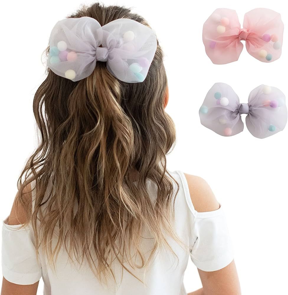 2Pcs Tulle Pompons Large Bow Hair Clips - For Girls and Women - Stylish Hair Accessory for Birthd... | Amazon (US)