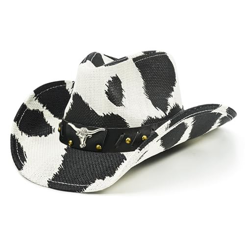 FLUFFY SENSE. Cow Print Cowboy Hat for Women Funny Cowgirl Hat - Straw Western Hats for Women with Shapeable Brim Country Concert Outfits Bachelorette Party Hat (US, Alpha, Medium, Black Cow Print) | Amazon (US)