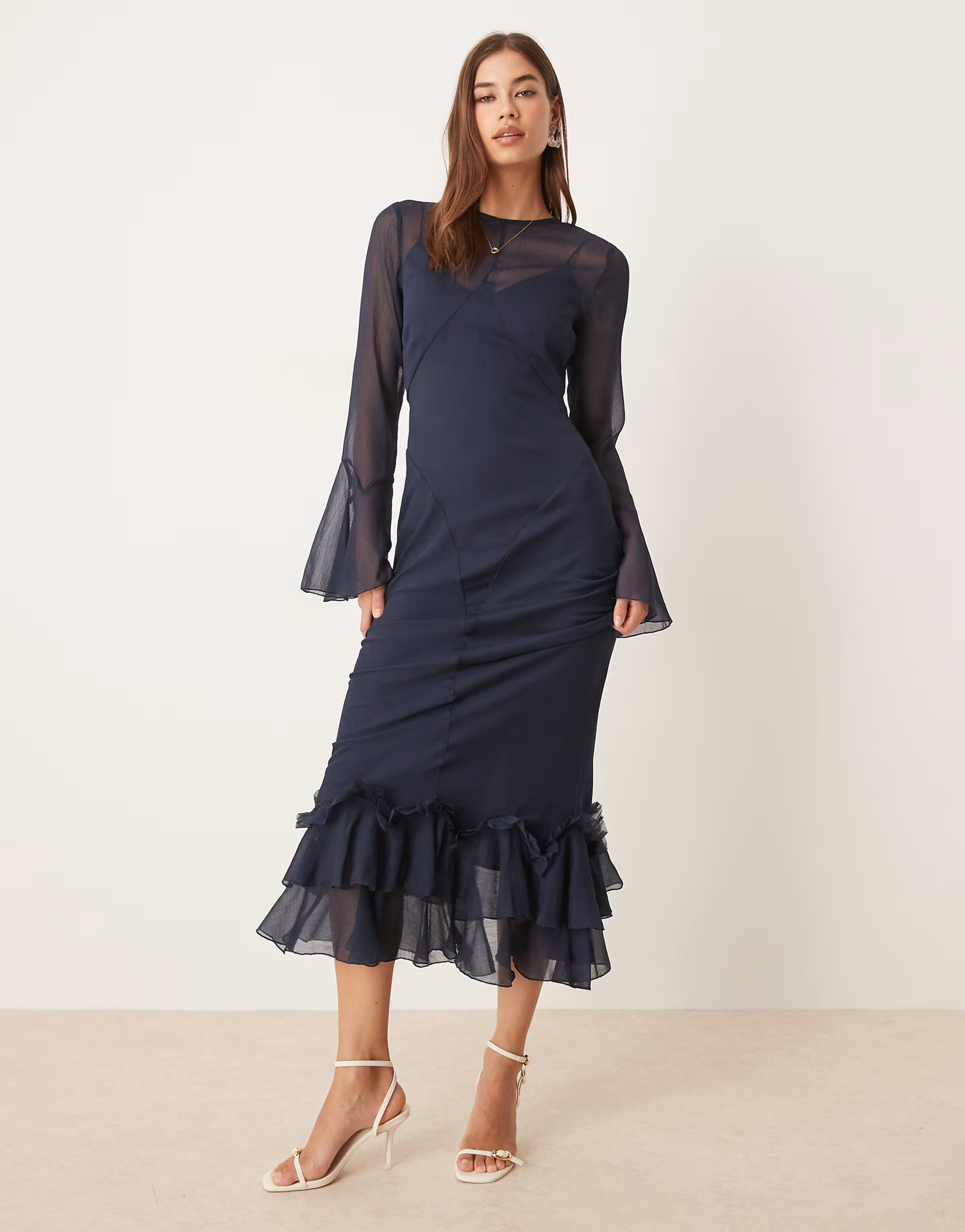 ASOS DESIGN flutter sleeve maxi dress with frill hem in navy | ASOS | ASOS (Global)