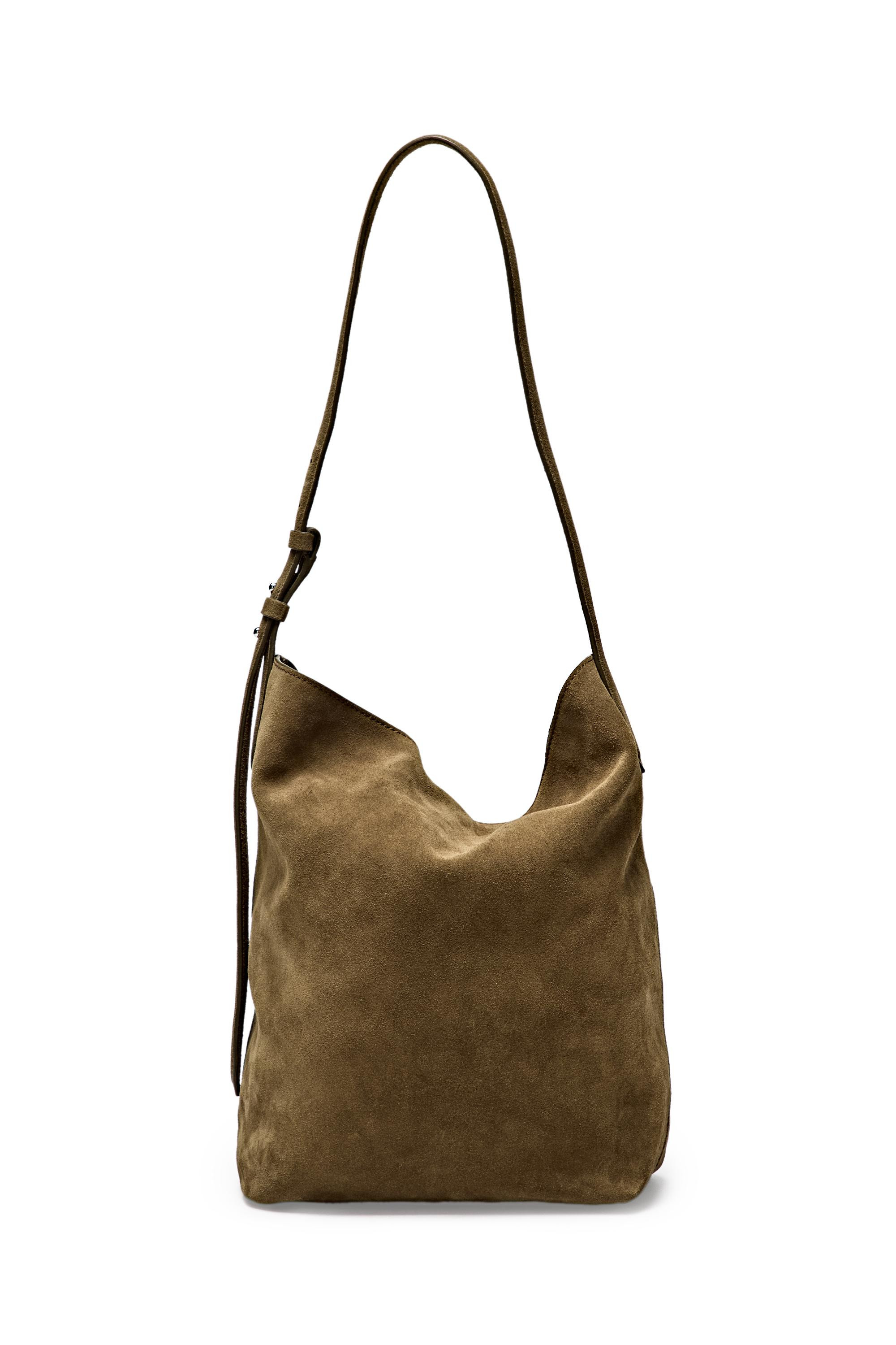 Distressed split suede leather bucket bag - KHAKI GREEN | Massimo Dutti UK
