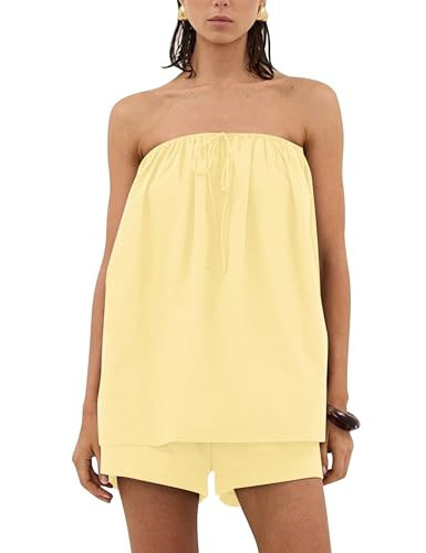 Ymejia Women 2 Piece Shorts Set Loose Fit Strapless Tube Top and High Rise Drawstring Shorts Lounge Summer Vacation Set | Amazon (US)