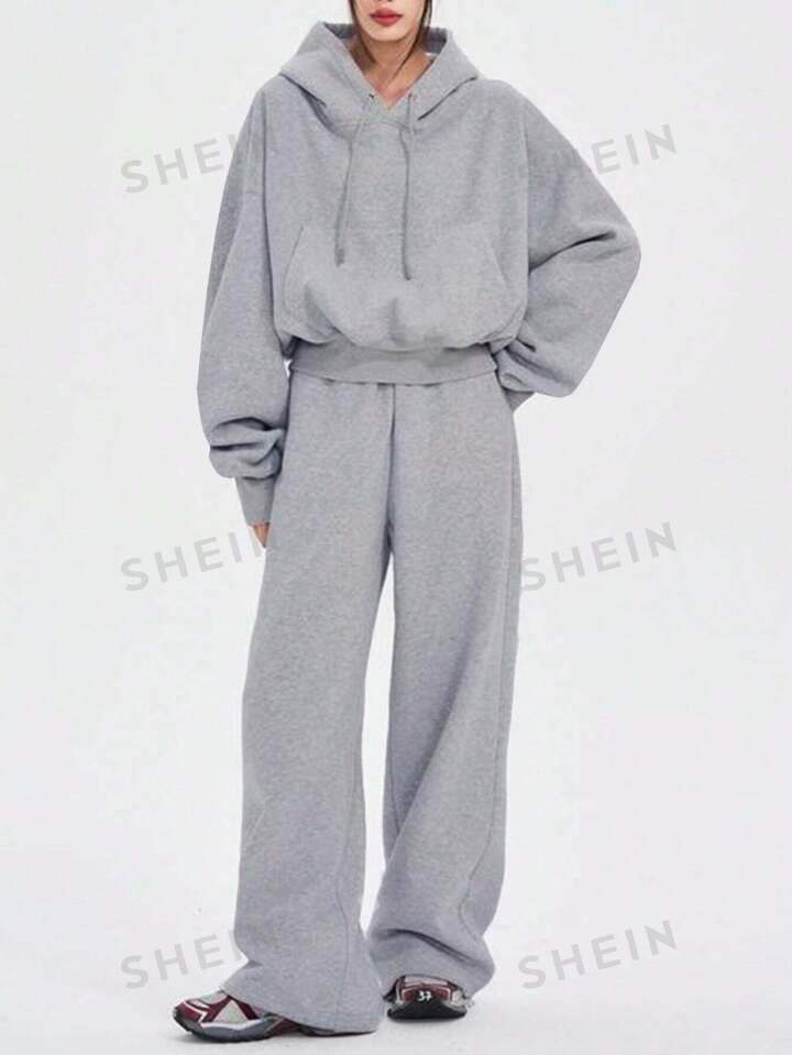 SHEIN EZwear Women's Drop Shoulder Long Sleeve Hoodie And Jogger Pants Two Piece Set | SHEIN