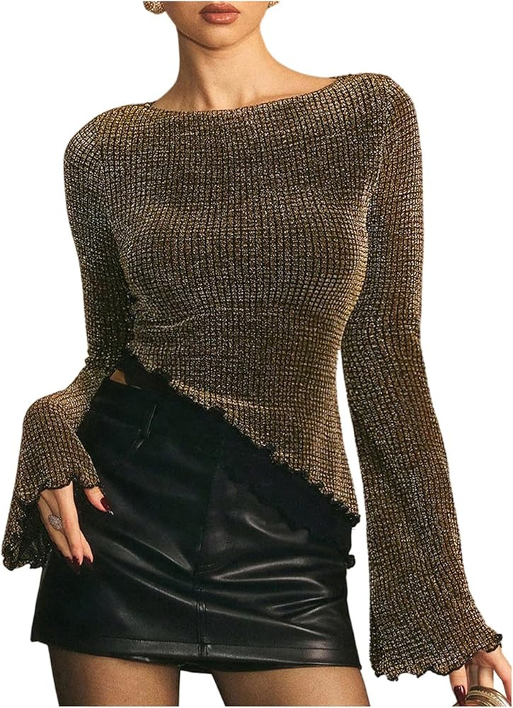 Verdusa Women's Y2k Lace Bell Long Sleeve Top Sheer Boat Neck Asymmetrical Fitted Going Out Tops | Amazon (US)