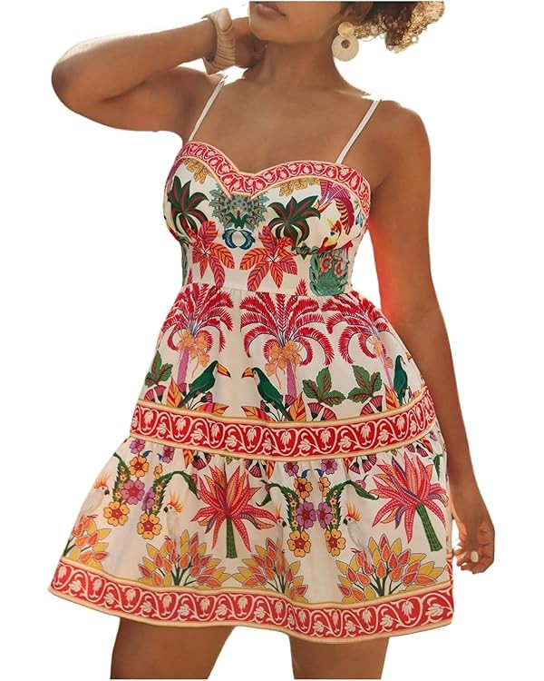 Floerns Women's Plus Size Tropical Boho Dress Spaghetti Strap Cami Smocked Vacation Dresses | Amazon (US)