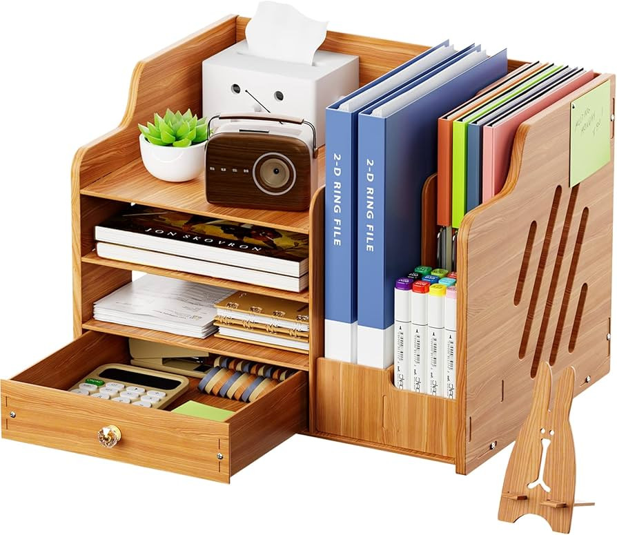 Marbrasse Wooden Desk Organizer with File Holder, 4-Tier Paper Letter Tray Organizer with Drawer ... | Amazon (US)
