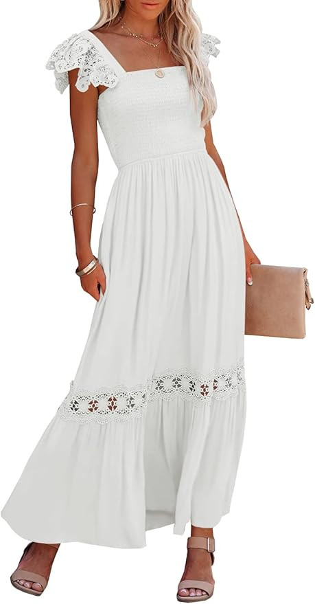 Ferlema Womens Summer Boho Lace Strap Sleeveless Square Neck Ruffle A Line Flowy Beach Long Maxi ... | Amazon (US)
