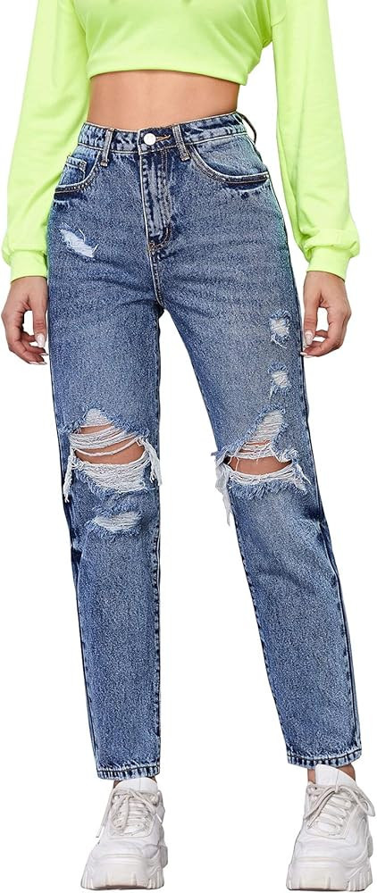 SheIn Women's High Waist Ripped Boyfriends Jeans Distressed Denim Long Pants | Amazon (US)