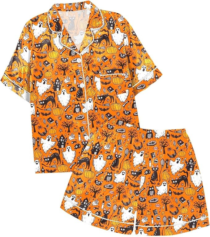 Halloween Pajamas Women Sets 2Pc Silk Satin Ghost Graphic Cute Sleepwear Button Down Short Sleeve... | Amazon (US)