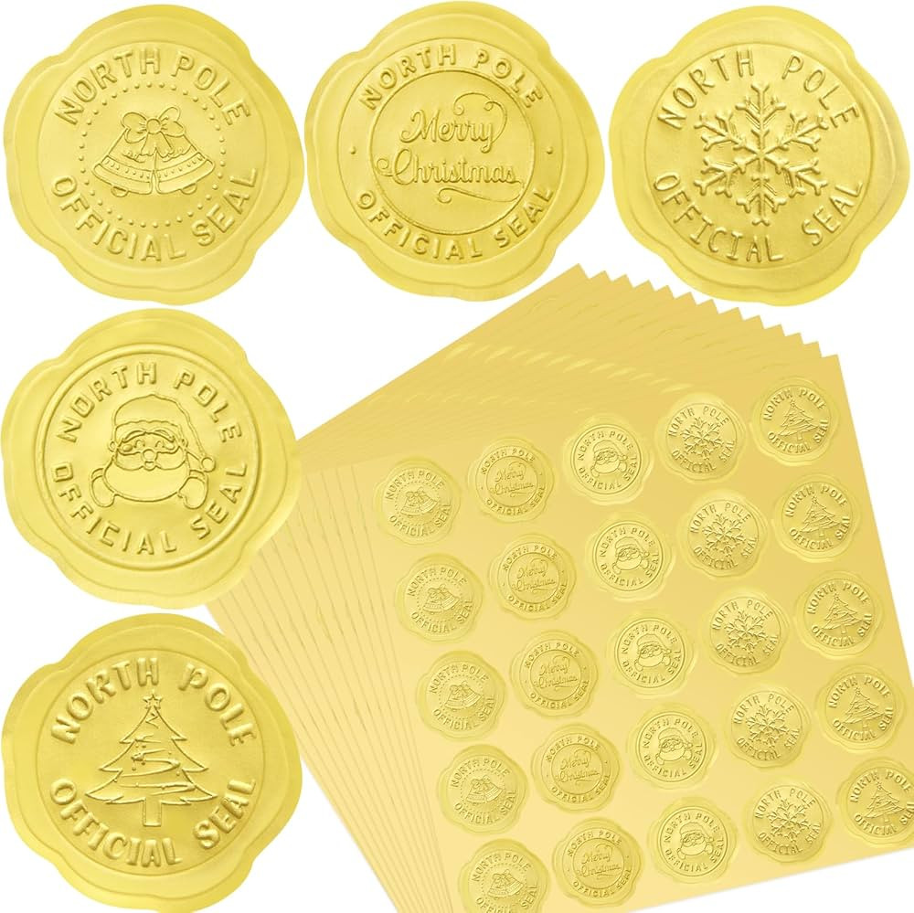 Gold Christmas Embossed Wax Seals Stickers Foil North Pole Official Seal Labels for Envelopes Gif... | Amazon (US)