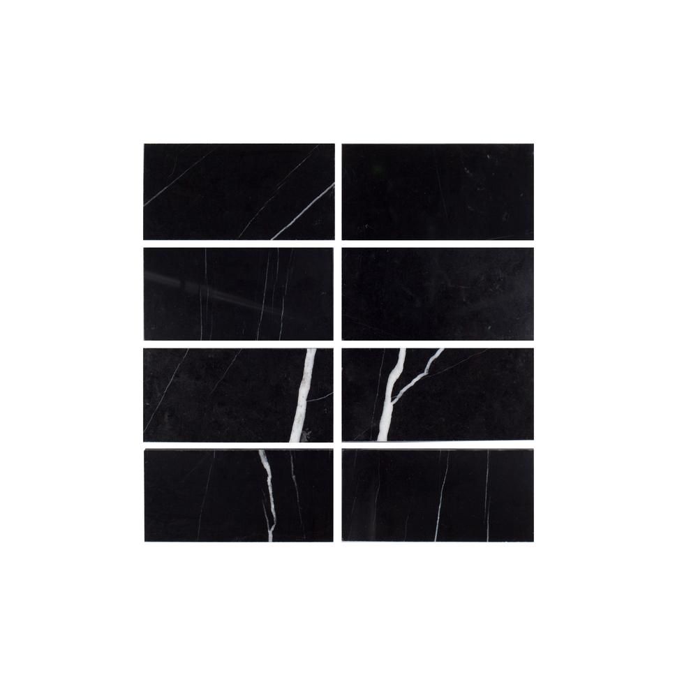 Jeff Lewis Nero Marquina Black 3 in. x 6 in. Polished Marble Wall and Floor Tile (1 sq. ft./Pack)... | The Home Depot