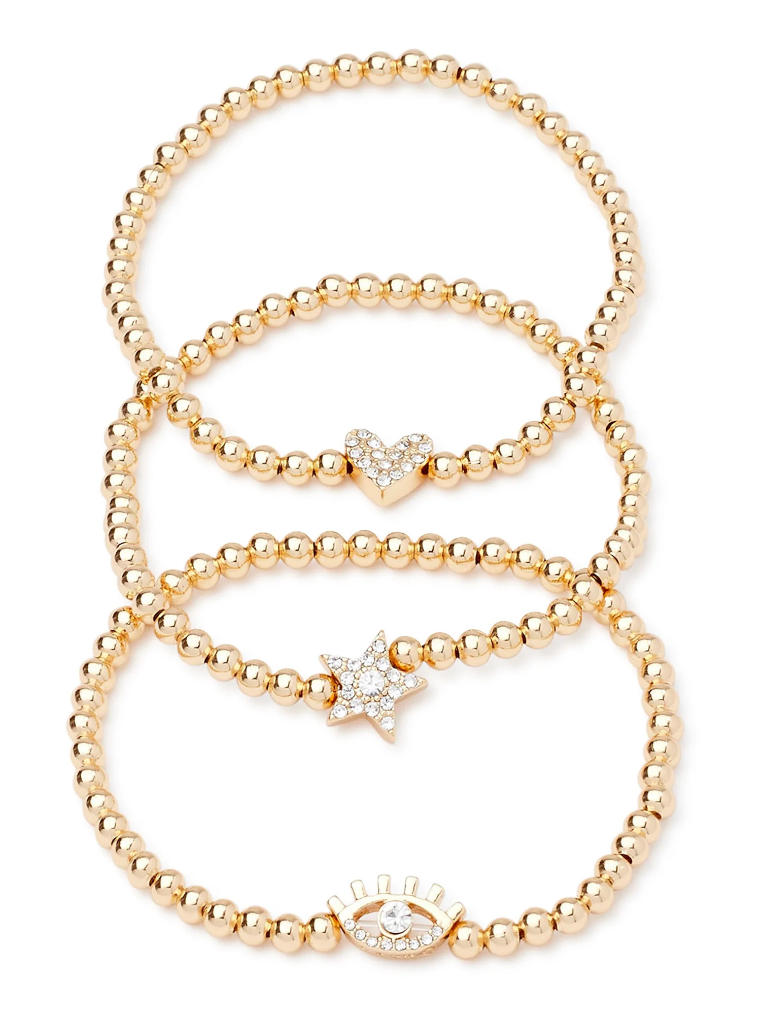 Scoop Womens Gold-Tone Crystal Star, Heart, Evil Eye Bead Stretch Bracelet Trio, 3-Piece - Walmar... | Walmart (US)